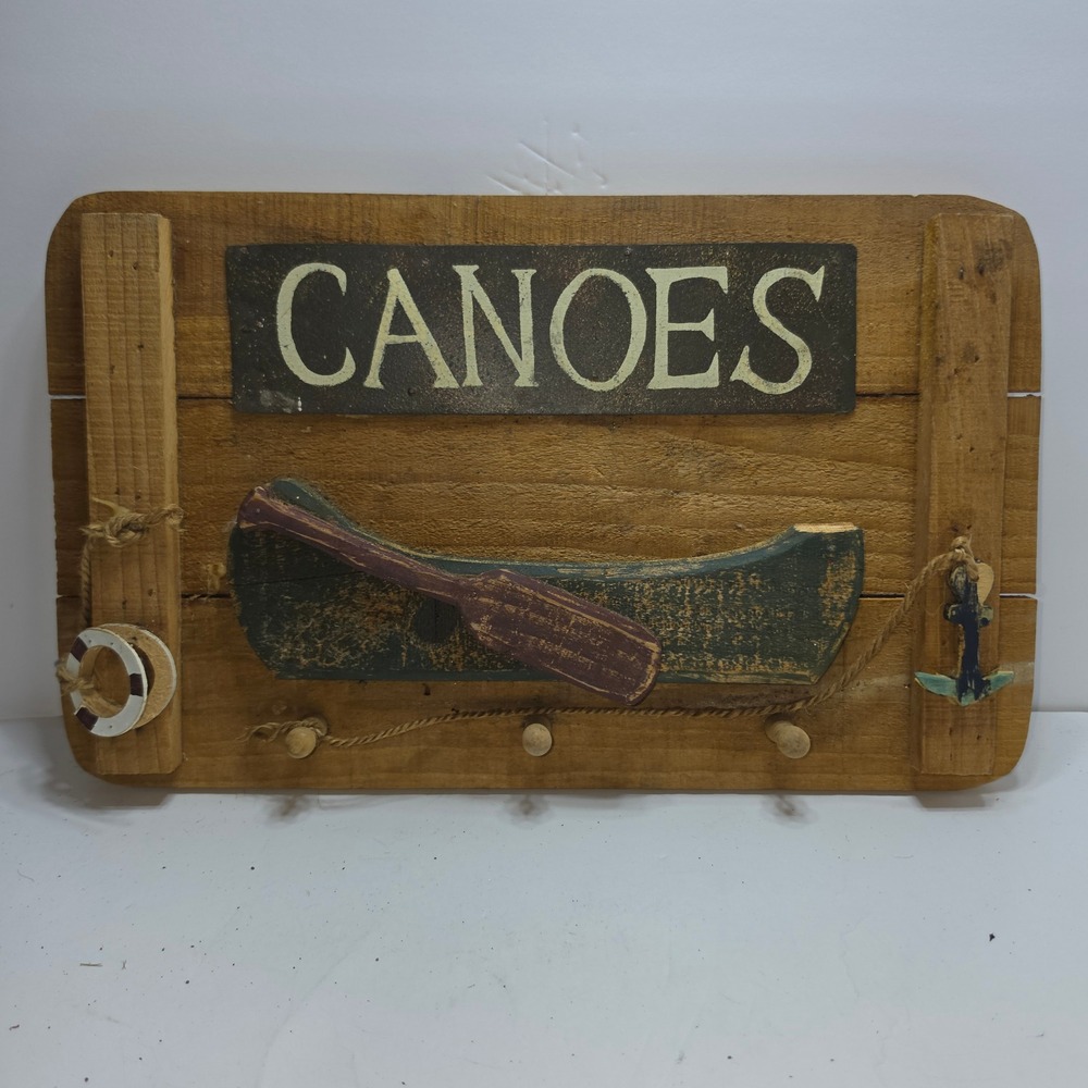 Rustic Wooden Canoes Wall Sign Nautical Lake House Decor with Peg Hooks 14in